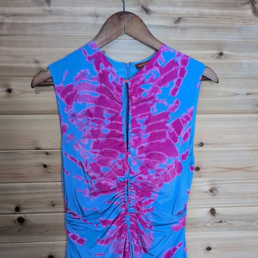 Altuzarra Kaya Silk Tie Dye Ruched Midi Dress Blue Pink Sleeveless Size 38 Italy - Picture 3 of 14
